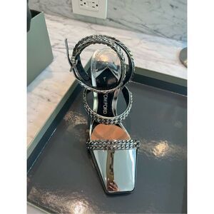 Tom Ford Women's Silver Mirror Leather Curb Chain Pump Cone Heel Sandal Size 38